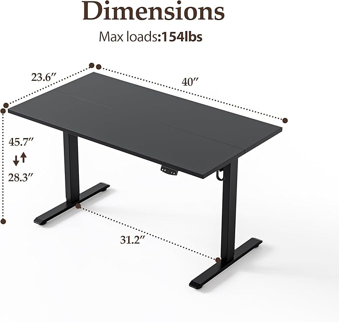 Klicelor 40 Inch Electric Standing Desk, Height Adjustable Office Desk, Sit Stand Up Computer Desk with Memory Preset, Two-Piece Desktop, Black