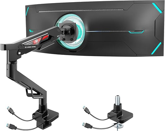 ARES WING Premium Monitor Arm, Ultrawide Monitor Stand up to 57“ and 66 Lbs, Gas Sprinq Monitor Mount with USB, Height Adjustable Arms Monitor Stand, Various VESA Mount with Clamp/Grommet Base