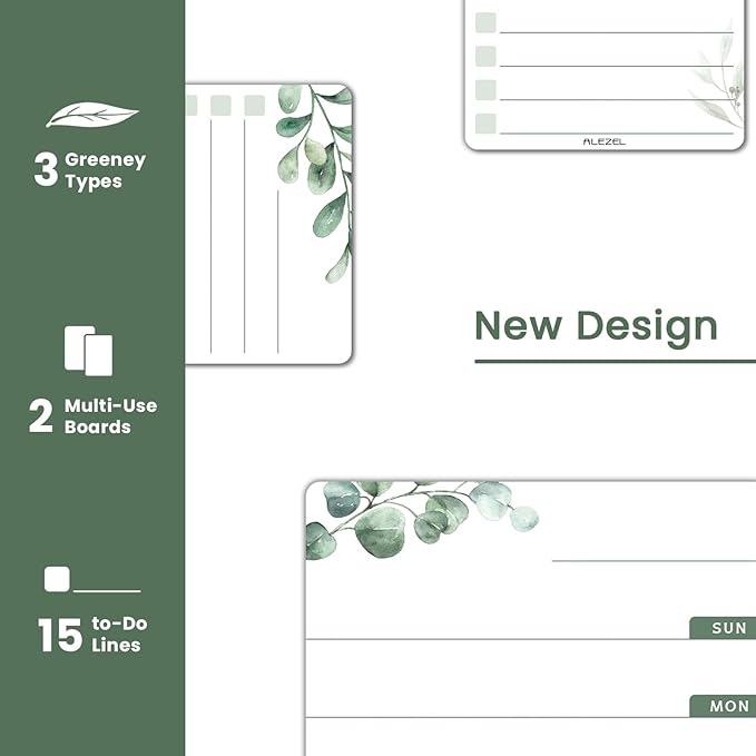 Weekly Calendar Whiteboard for Refrigerator, Magnetic Weekly Planner for Fridge - Set of Greenery Dry Erase Menu Board & 2 to Do List, 3 Markers + Eraser