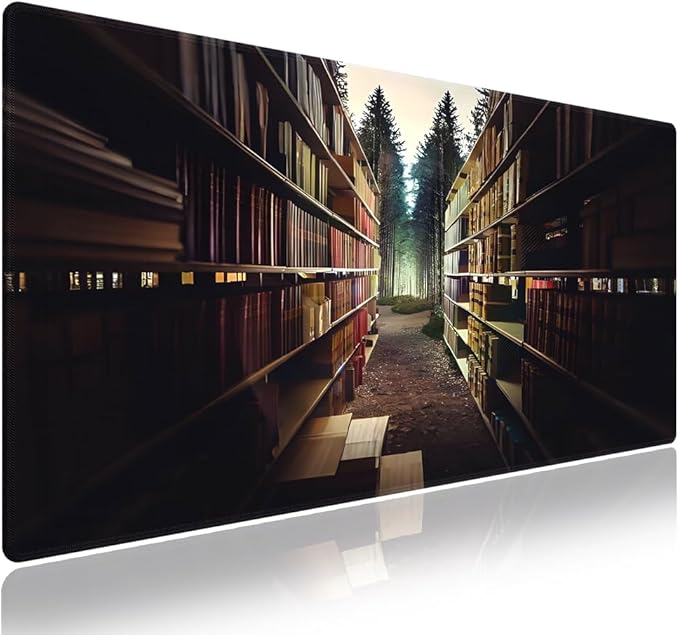 Wknoon. Extra Large Gaming & Office Mouse Pad (31.5" x 11.8") – Vintage Bookshelf Library in Forest Academic Themed, Premium Anti-Slip XXL Desk Mat with Durable Stitched Edges