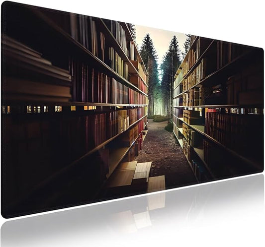 Wknoon. Extra Large Gaming & Office Mouse Pad (31.5" x 11.8") – Vintage Bookshelf Library in Forest Academic Themed, Premium Anti-Slip XXL Desk Mat with Durable Stitched Edges