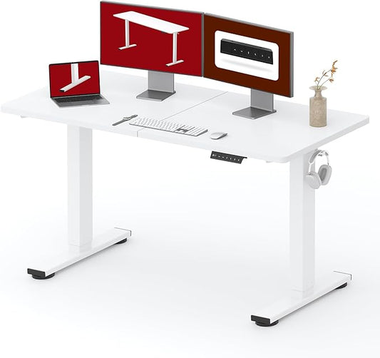 SANODESK Height Adjustable Electric Standing Desk 55x24 Inches, Sit Stand Desk with Splice Board for Home Office, Ergonomic Computer Workstation, Study & Gaming, White Frame/White Top