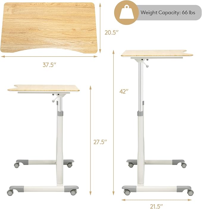 COSTWAY Mobile Height Adjustable Standing Desk, Compact Pneumatic Sit to Stand Computer Desk w/Lockable Casters, Ergonomic Rolling Laptop Table w/Steel Frame for Home Office (Natural)