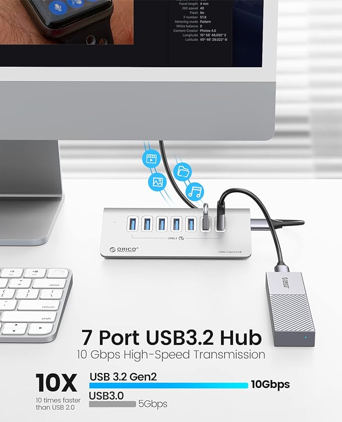 ORICO USB 3.2 Hub 10Gbps with 7 USB A Ports, USB 3.2 Gen 2 Hub with 3.28Ft USB-A to USB-C Cable, Desk USB Splitter for MacBook, Mac Pro/Mini, iMac, Surface Pro Laptop/PC