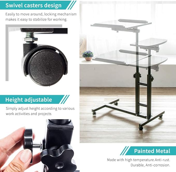 Overbed Table,Adjustable Laptop Desk with Cart, Computer Workstation, Bed Side Table, Tiltable Table and Mouse pad for Laptop-Marble White