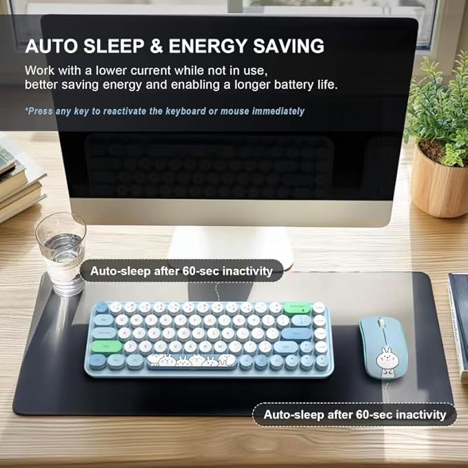 FOPETT Wireless Keyboard and Mouse Cute Mouse and Keyboard 2.4G Wireless Keyboards with Colorful 68 Keys Typewriter Retro Round Keycap for PC, Laptop,Tablet,Computer Windows - Blue Colorful