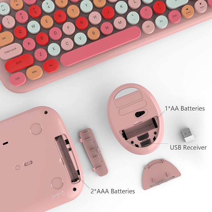 MOFII Wireless Keyboard and Mouse Combo, Full-Size Retro Typewriter-Style Wireless Keyboard with Optical Mouse for Computer/Laptop/Windows/Mac (Pink Colorful)