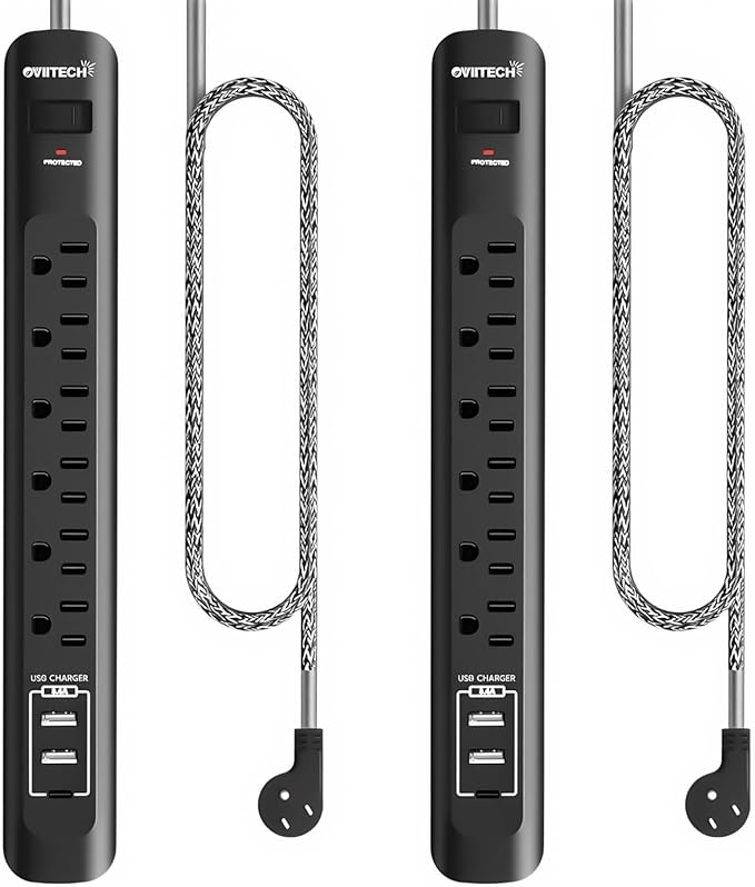 2 Pack Power Strip Surge Protector - 5Ft Extension Cord with 6 Outlets with 3USB Ports(1 USB C) Port, 1875W/15A, Flat Plug, Wall Mount Desk Charging Station for Home Office, Dorm Room