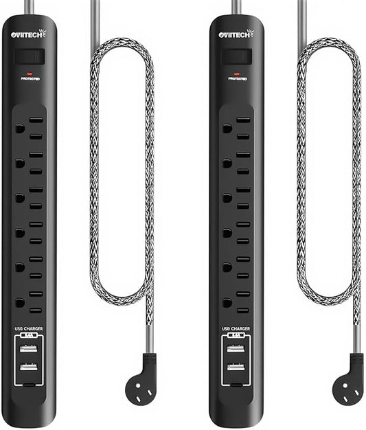 2 Pack Power Strip Surge Protector - 5Ft Extension Cord with 6 Outlets with 3USB Ports(1 USB C) Port, 1875W/15A, Flat Plug, Wall Mount Desk Charging Station for Home Office, Dorm Room