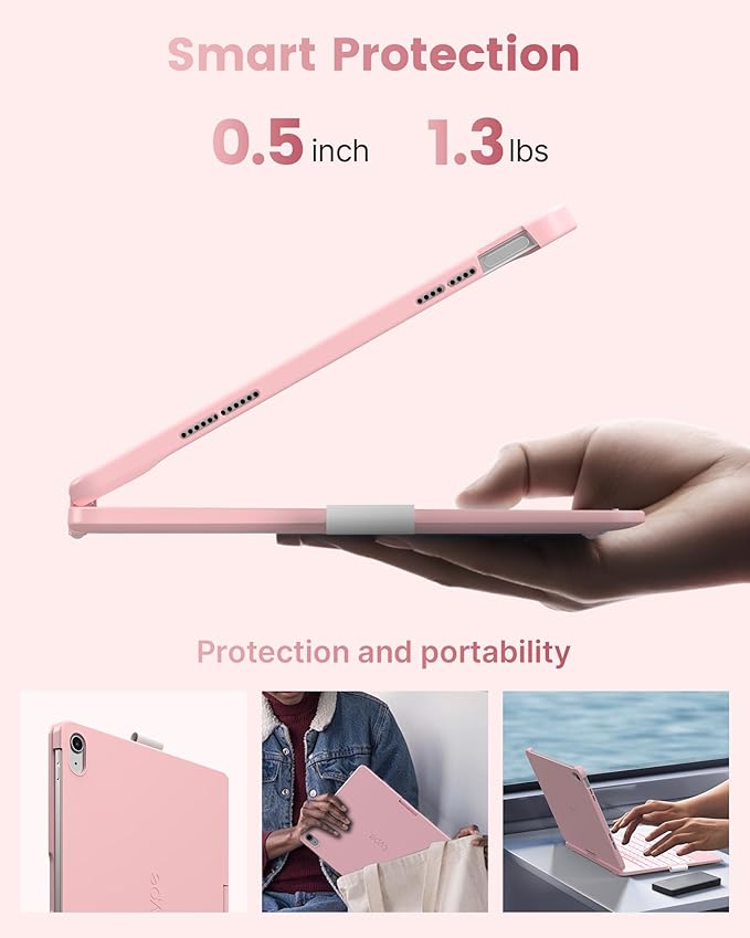 typecase Flexbook Keyboard Case for iPad 11th (A16, 2025) and iPad 10th Gen (10.9", 2022) – No Trackpad, 11-Color Backlight, 360° Rotatable, 7 Use Modes, Thin & Lightweight – Light Pink