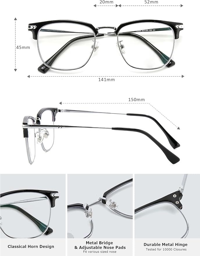 Blue Blocker Glasses for Men Metal Browline Computer Gaming Glasses Filter Blue Ray