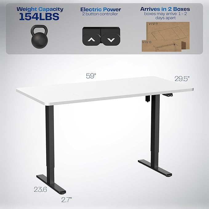 VIVO Electric 60 x 30 inch Stand Up Desk, Height Adjustable, White Top Black Frame, Home and Office Furniture Sets, DESK-KIT-0B6W