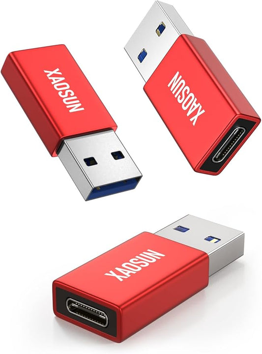 XAOSUN 10Gbps USB to USB C Adapter 3 Pack, 3.1 USBC Female to USB Male Adapter, One-Sided SuperSpeed Data Sync, 100W Fast Charging for iPhone 16 15 14 13, Laptop, Charger, Quest Link, etc, Red