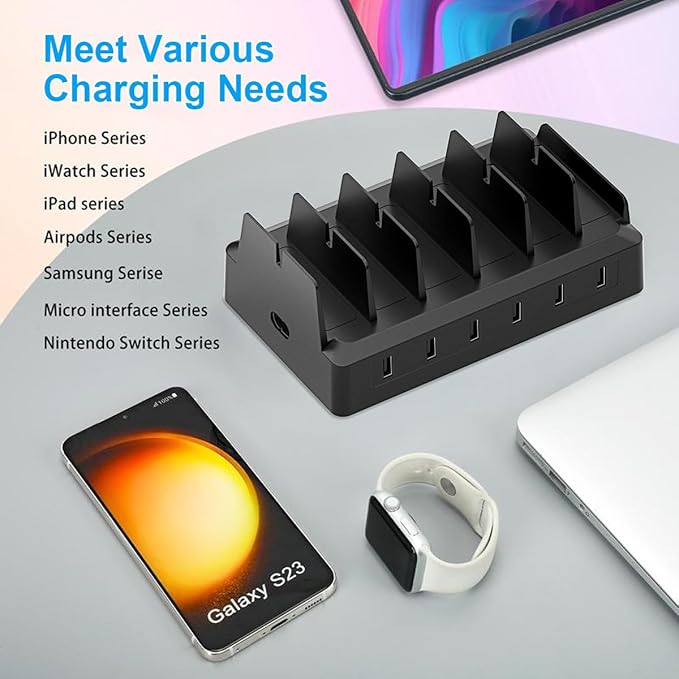 Charging Station for Multiple Devices, 6 Port USB Desktop Charger Dock Compatible with iPad, Samsung, Android, Tablet, Family Multi Phone Charging Organizer with Divider Holders, Fireproof ABS (White)