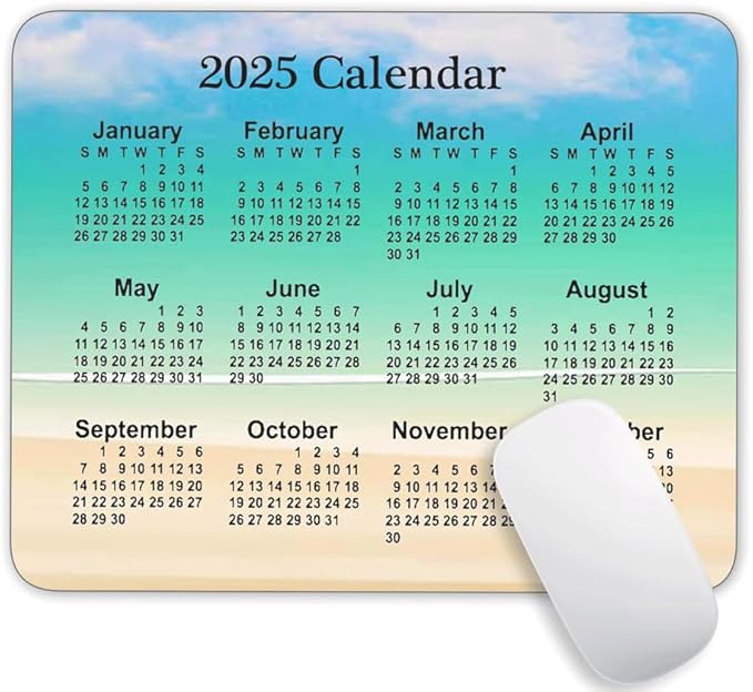 Calendar Mouse Pad, Gaming Mouse Mat with Custom Design, Non-Slip Rubber Base MousePads for Office Home Laptop Travel, 9.5"x7.9"x0.12" Inch (2025 Calendar Blue Sky Background)