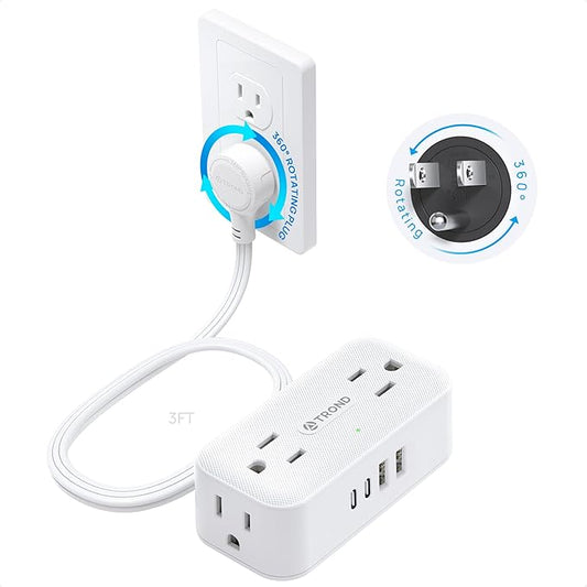TROND 360° Rotating Flat Plug Power Strip, 3FT Extension Cord with 4 USB Ports, 4 Wide Spaced AC Outlets, Wall Mount, 900J Surge Protector for Office Travel Dorm Room Essentials, White