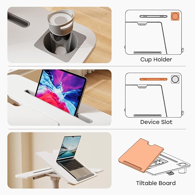 JOY worker Mobile Standing Desk, Height Adjustable Table, 60° Tiltable Rolling Laptop Desk, Portable Sit Stand Desk with Wheels Cup Holder for Bed Couch School, Holds Up to 22lbs, White