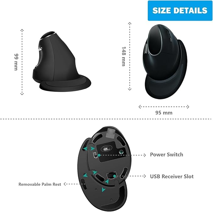 Eelexa Ergonomic Vertical Mouse: 2.4G Bluetooth Dual Mode Optical Computer Mice,Wireless Rechargeable Mouse with Removable Palm Rest,Compatible with Windows and MAC OS (V638 Dual Mode)