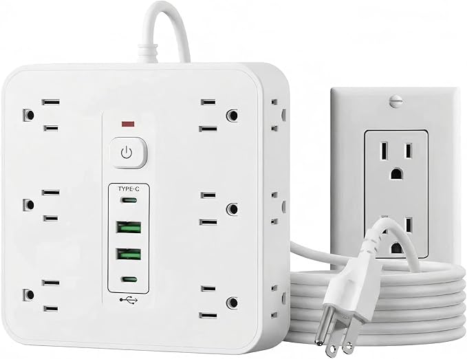 16-in-1 Surge Protector Power Strip with 12 AC Outlets, 4 USB Ports (2 USB-C & 2 USB-A) | 10A Overload Protection, Flat Plug Extension Cord for Home Office Gaming Travel (White, 6FT)