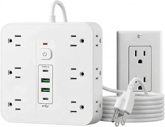 16-in-1 Surge Protector Power Strip with 12 AC Outlets, 4 USB Ports (2 USB-C & 2 USB-A) | 10A Overload Protection, Flat Plug Extension Cord for Home Office Gaming Travel (White, 6FT)