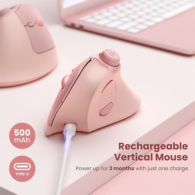 seenda Ergonomic Mouse Wireless, MOU-302 Bluetooth Vertical Mouse Rechargeable, Optical Mice with 1000/1600/2400 DPI, Volume Knob, 3 Multi-Device Connectivity for Computer/PC/Laptop/Mac, Pink