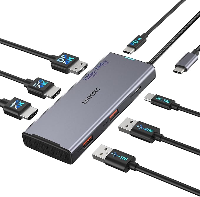USB-C Laptop Docking Station for Triple Monitor | 7-in-1 Dock with DP 4K@160Hz/8K@30Hz + Dual HDMI 4K@60Hz, 10Gbps USB A/C, 100W PD | Laptop Dock for Windows/Mac