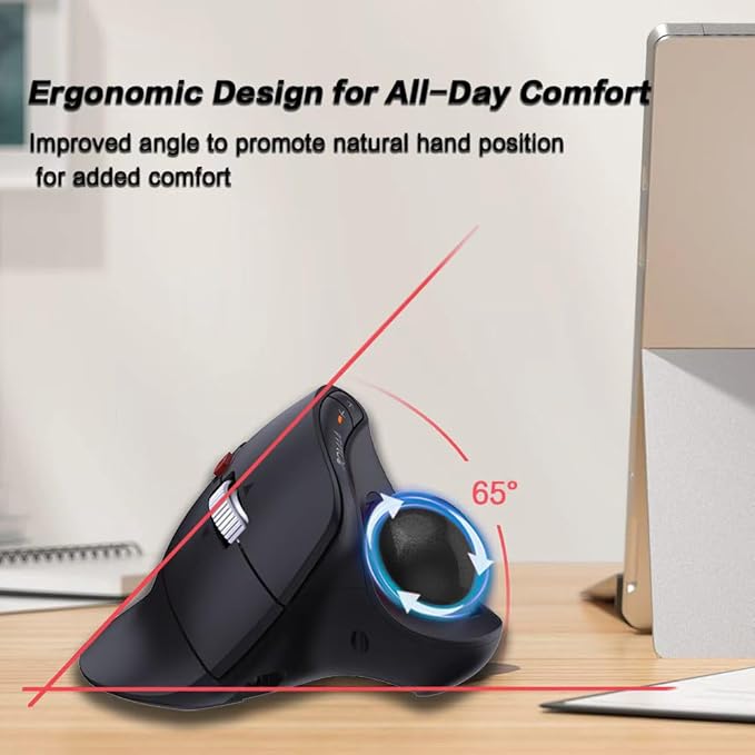 JOMAA Wireless Vertical Trackball Mouse - Ergonomic Design, 3-Device Switching, 2.4G/Bluetooth 5.0, Rechargeable Type-C, Adjustable DPI, Compatible with Windows/macOS/iOS/Android (Black)
