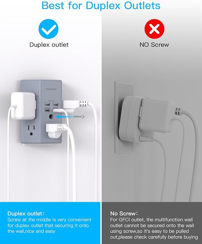 Surge Protector, 5 Outlets Extender with 4 USB Ports(USB C), 3-Side 1680J Power Strip Multi Plug Outlet Expander, USB Wall Charger, Outlet Splitter Adapter Wall Mount for Home Office ETL Listed（Grey）