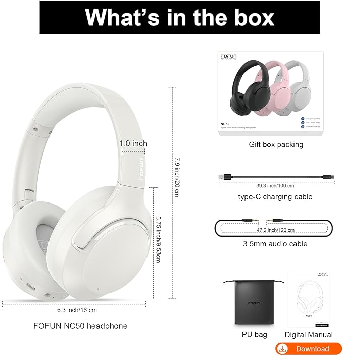 T-fun Active Noise Cancelling Headphones, 65H Bluetooth Headphones, Custom EQ via App Headphones Wireless with Mic, Bluetooth 6.0 Foldable Lightweight Headsets for Commuting Travel Work Home