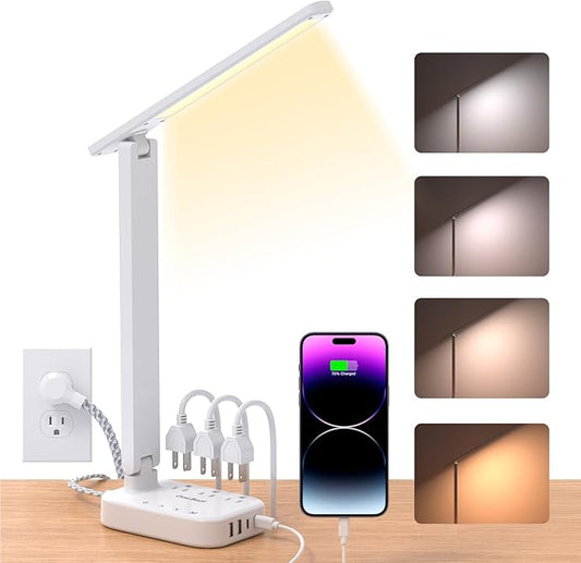One Beat LED Small Desk Lamp Power Strip 5ft Extension Cord, 3 Outlets, 4 USB Ports(2 USB C), 4 Modes, 5 Level Touch- Home, Office, Bedroom, Bedside, Study Reading Light, Dorm Room Essentials, White