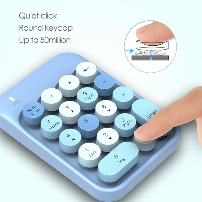 FELICON Wireless Numeric Keypad 18 Keys with 2.4G Mini Portable Silent Number Pad USB Receiver Financial Accounting Keyboard Extensions for Laptop Desktop PC Pro（Blue Mix）