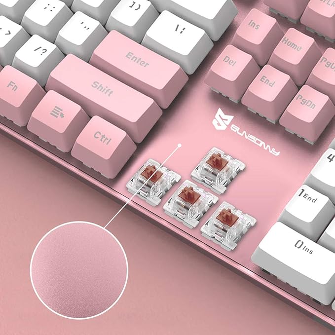 104 Keys Full Size Mechanical Keyboard | Brown Switch, Pink & White Color 104 Keys US Layout Led Backlit Hot Swappable Wired Mechanical Light Up Pink Keyboard | Wired Gaming Computer Keyboards