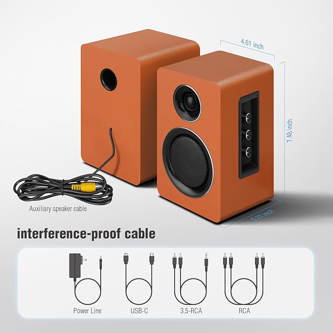 Computer Speakers for Desktop PC, Active Bookshelf Speaker with 3‘’ Carbon Fiber Woofer and Silk Film Tweeter ,Supports Bluetooth 5.3, USB-C, AUX/RCA Input for Record Player TV - Orange Stereo Set