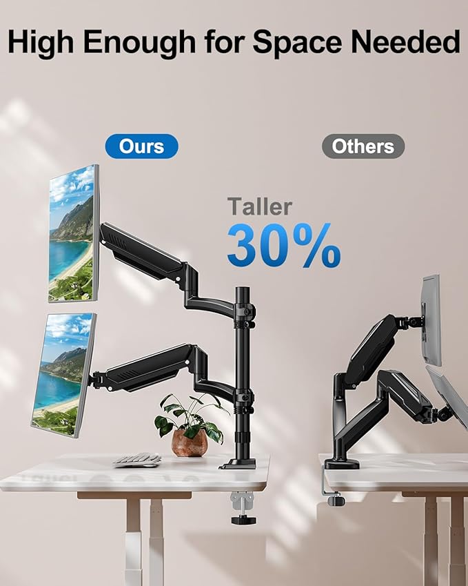 Dual Monitor Stand for Computer Screen up to 32", Taller Monitor Arms Holds 22 lbs Each, Dual Monitor Desk Mount, Height Adjustable Gas Spring VESA Mount with C-clamp Grommet Mounting, Black, Freelift