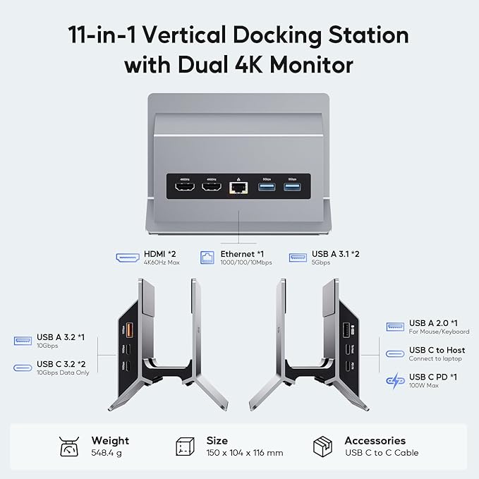 Laptop Docking Station Dual Monitor, 11 in 1 Vertical USB C Dock Stand with 2 HDMI 4K 60Hz, 3 USB A/C 10Gbps, 2 USBA 5Gbps, USB-A 2.0, Ethernet, PD 3.0 Docking Station for Type-C Laptops