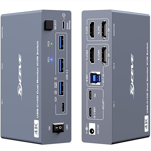 KVM Switch 2 Monitors 1 Desktop and 1 Laptop 4K@60Hz, 7-in-1 Dual Monitor KVM Switch Docking Station, Expand 2 HDMI Displays,4xUSB 3.0,PD 80W, Wired Remote and USB-C Cable Included