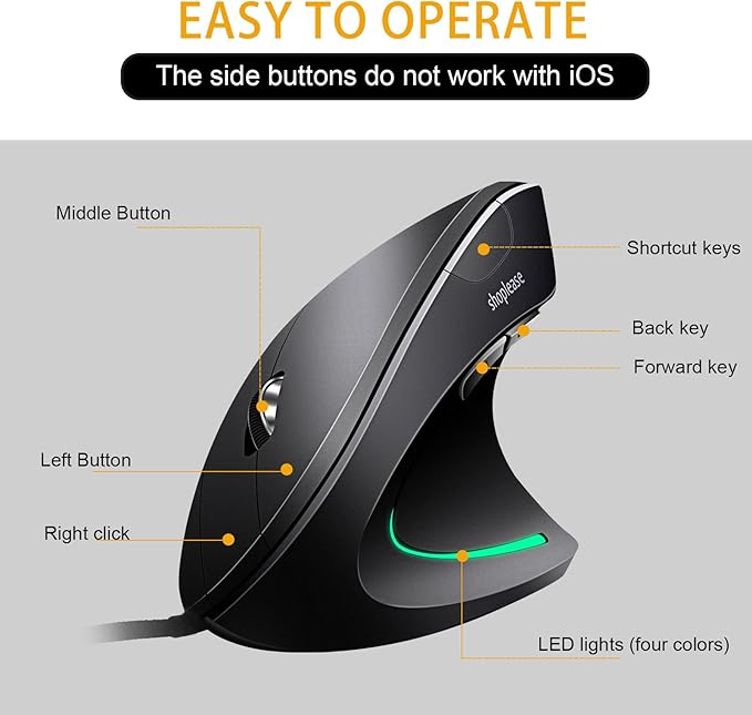 Wired Vertical Mouse, Optical Ergonomic Mouse with 4 Adjustable 800/1200/2000/3200, 5 Buttons USB Computer Mouse, Better for Large and Medium Sized Hands