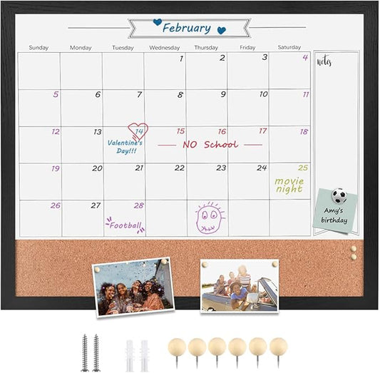 Dry Erase Calendar Whiteboard for Wall, Combination Magnetic Dry Erase White Board & Bulletin Board, 23.6" x 31.5" Wood Framed Calendar/Cork Combo Board(BK-6080)