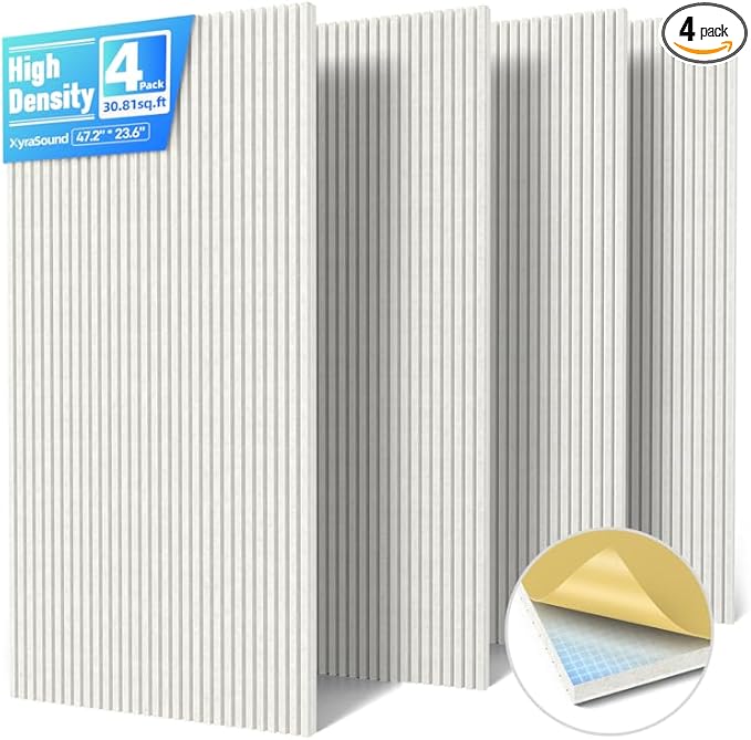 4 Pack Large Acoustic Panels Sound Absorbing with Self-Adhesive, 47.2”*23.6”*0.36” High Density Sound Proof Foam Panels for Walls, 3D Vertical Soundproof Wall Panels for Home Studio Office Decor-Ivory