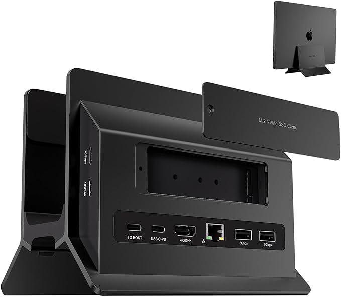 MacBook Pro Air Docking Station, Vertical USB C Laptop Docking Station with M.2 SSD Slot, HDMI 4K@60Hz, 4 USB A/C Max 10Gbps, Ethernet, SD/TF, PD Dock for MacBook/USB-C Win Laptops - Black