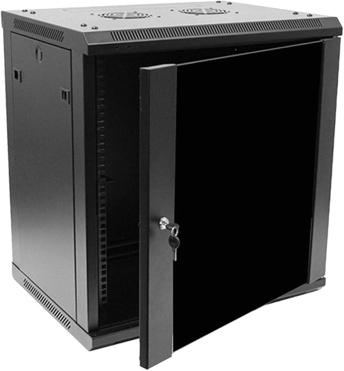 NavePoint 12U Wall Mount Network Cabinet for 19” IT Equipment, A/V, Tempered Glass Door, Locks, 2 Fans, 450mm Depth, Max Weight 132 lbs