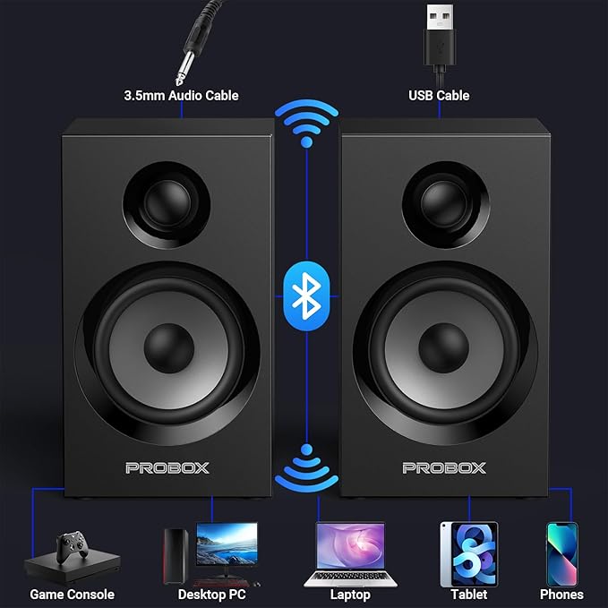 Powered Bookshelf Speakers HiFi Computer Gaming Monitors with Bluetooth 5.3 & 24-Bit USB DAC Stereo Speaker PC Speakers 3.5" Woofer,1" Silk Dome Tweeter, Adjustable Bass/Treble BT16-Black