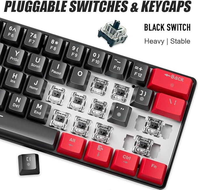 abucow 60% Mechanical Gaming Keyboard Black Switch Wired Compact Keyboard Anti-Ghosting No-Conflict 61 Swappable keycaps Ergonomic Design for Windows/Mac