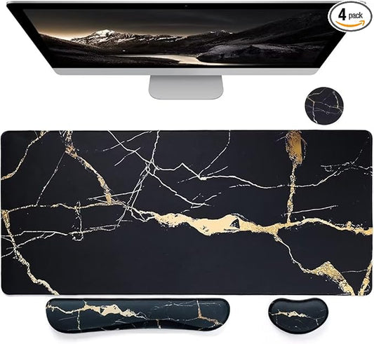 Bloss Ergonomic Mouse Pad and Keyboard Wrist Rest (4 Pcs), Non-Slip Desk Mat Protector, Desk Pad for Keyboard and Mouse, Large Gaming Mousepad-Black Marble (31.5×15.7 Inches)