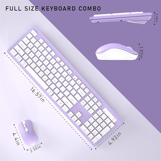 Wireless Keyboard and Mouse, 2.4GHz Cordless Keyboard Mouse Combo, Optical Mouse, Plug and Play USB Receiver, Compatible with Windows, Mac, Laptop, and PC（White Purple）