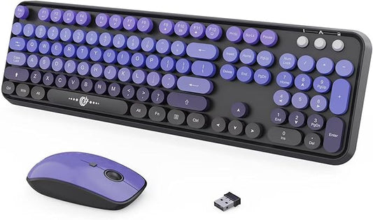 Wireless Keyboard Mouse Combo,104 Round Keys Cute Colorful Keyboard with Retro Typewriter Style,Letton Full Size Keyboard with Number Pad&Mouse with 3 DPI for PC Mac Laptop Computer Windows-Purple