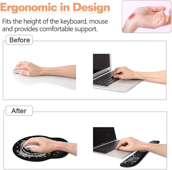 Keyboard Wrist Rest and Mouse Pad Wrist Support Set, Non-Slip PU Base, Easy Typing and Relieve Wrist Pain, Perfect for Home Office Working Studying, Celestial Theme Sun with Crescent Moon