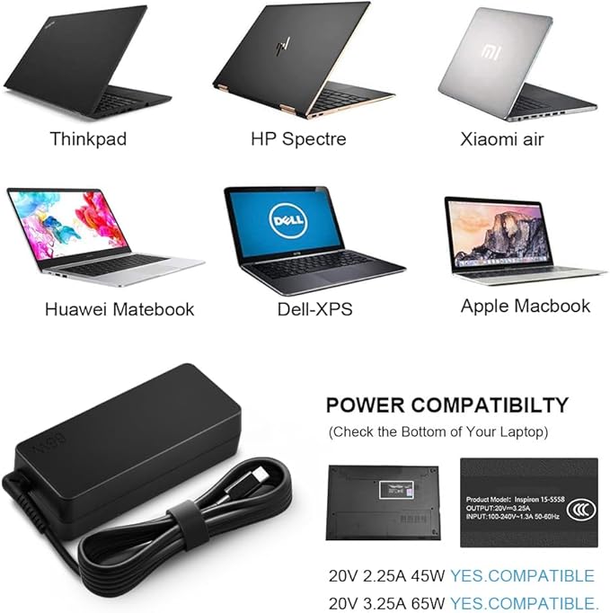 Charger Compatible with Lenovo Laptop Computer Thinkpad Yoga Chromebook USB C Laptop Charger 65W 45W