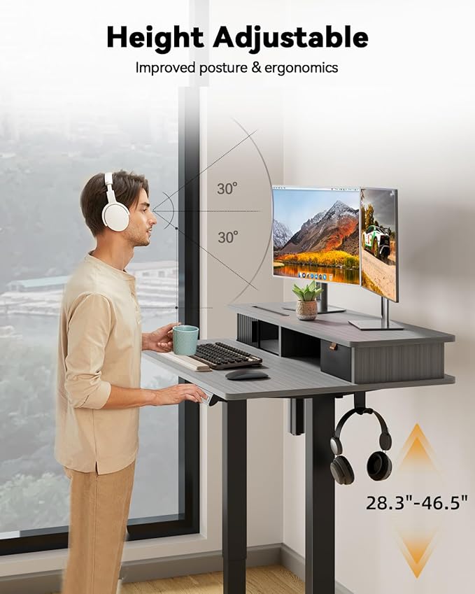 JOY worker Small Electric Standing Desk, 35" x 25" Height Adjustable Table with Built-in Monitor Stand & Storage Drawer, Grey Sit Stand Desk with 2 Hooks for Home Office