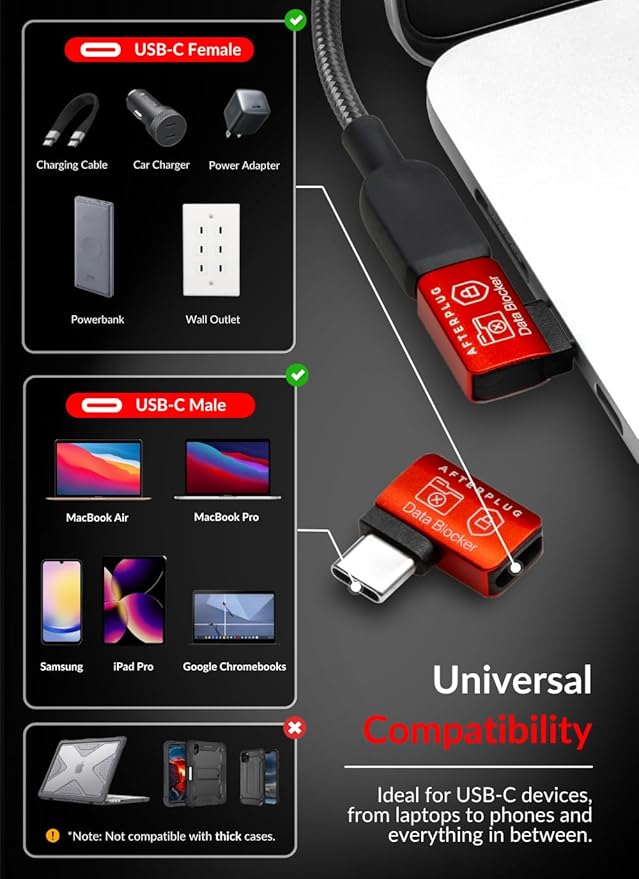 USB-C to USB-C Data Blocker, Anti Juice Jacking, for Charge-Only, Supports up to 240W PD Charging (2-Pack), Red